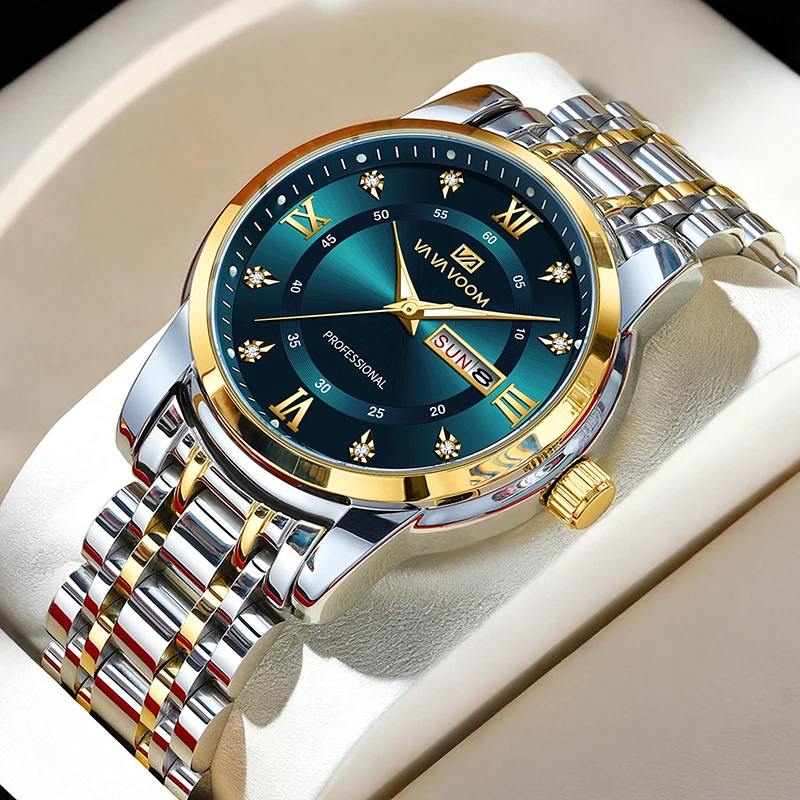 

Simple Men Watch Business Waterproof Stainless Steel Quartz Wrist Watches Complete Calendar Week Display Silver Luminous Clocks
