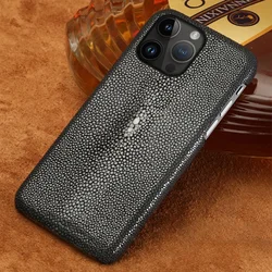 100% Genuine Stingray Leather Phone Case for iPhone 16 15 Pro Max 14 Plus 13 Handmade Business Pearl Fish Skin Armor Back Cover