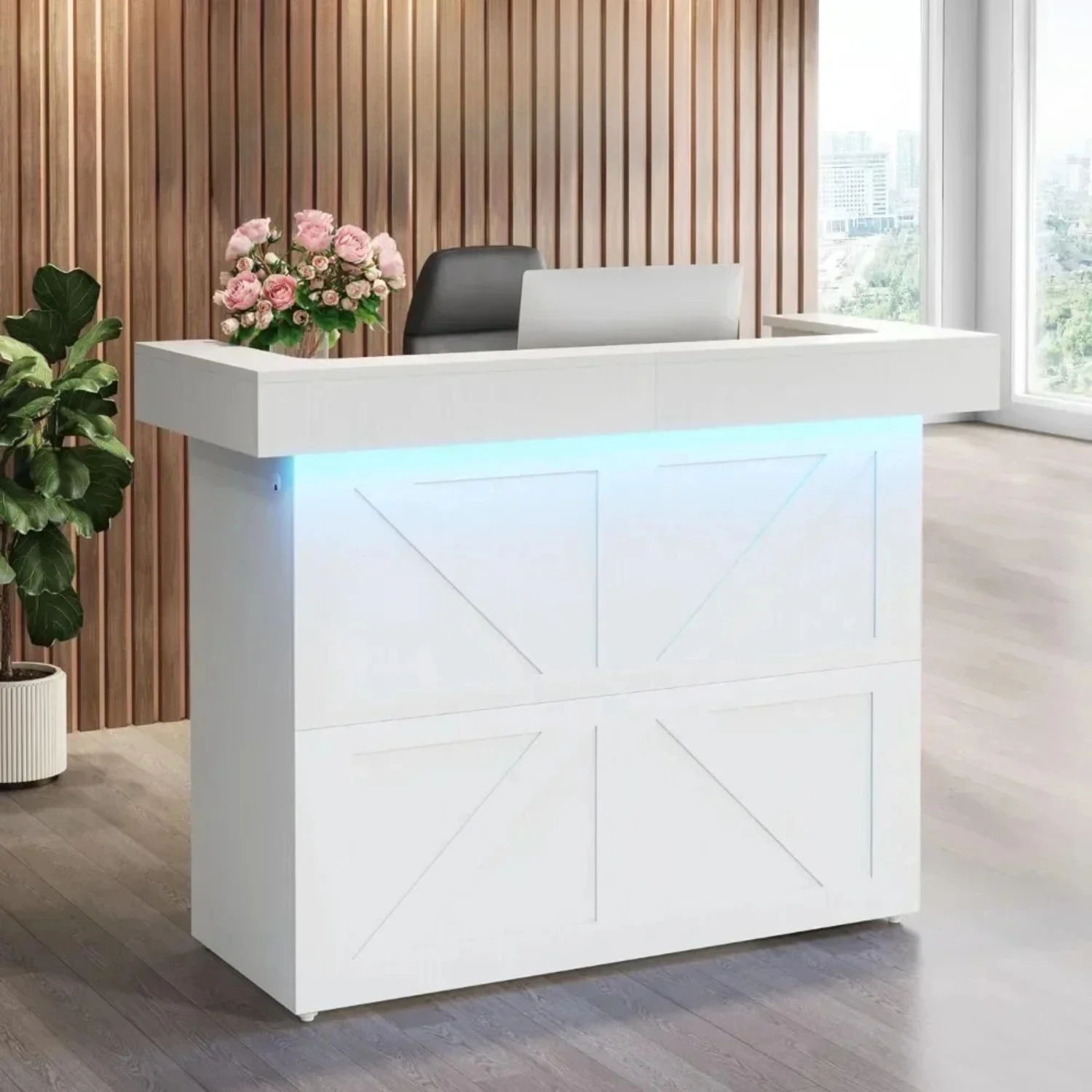 Reception Desk with Light, 55-Inch Front Desk , Modern Retail Counter Table for Salon, Lobby, Shop, Office Reception Room