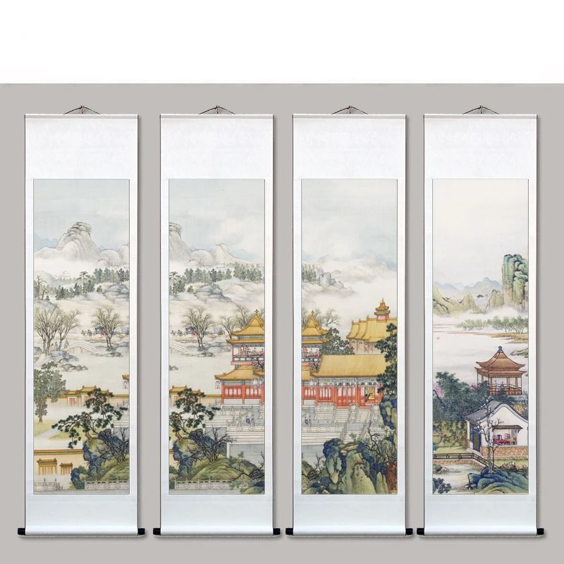 Ancient Style Palace Landscape, Pavilions, Landscape Paintings with Four Screens, Scroll Paintings, Living Room Hanging Poster
