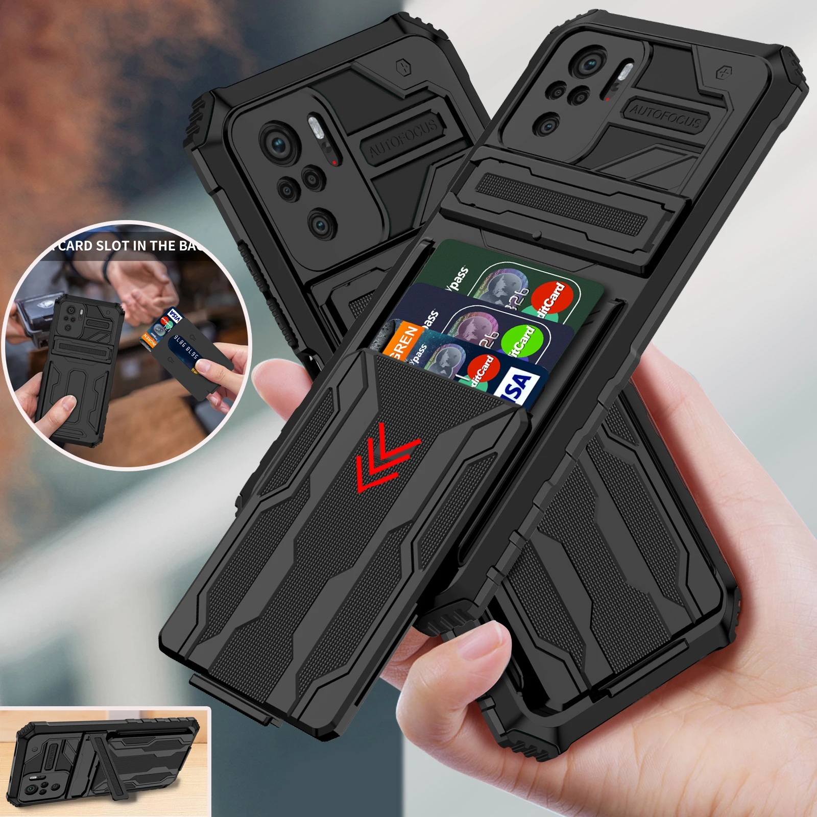 Multifunction Phone Case For Xiaomi Redmi Note 11 10 Pro Max 9S 10S Redmi 9T 9A 9C Card Slot Military Grade Bumper Cover