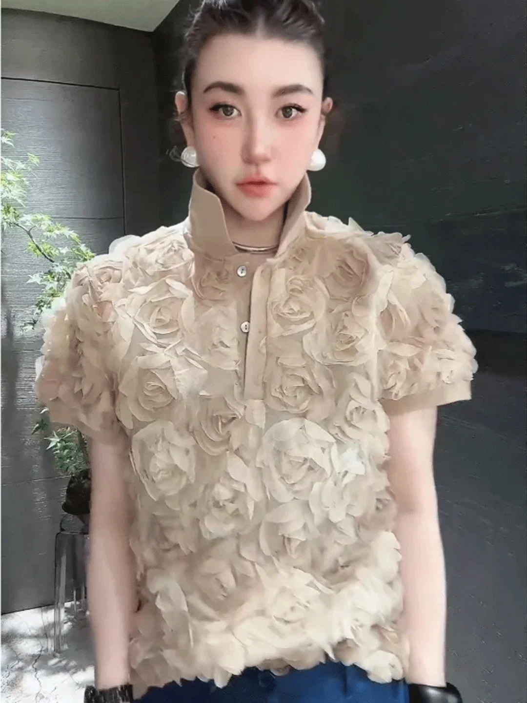 Floral Print Stand Collar Short Sleeve Loose Women's T-Shirt Summer New Style Elegant Design French Style Universal Fit