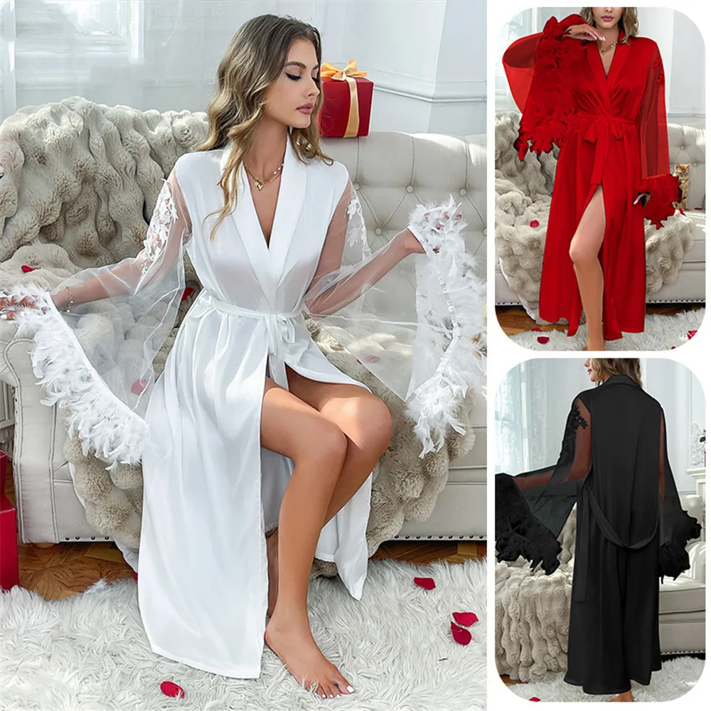 Women Long Robe Feather Cuff Lace Sleeve Kimono Bathrobe Gown Home Dress Silk Satin Sleepwear Loose Loungewea