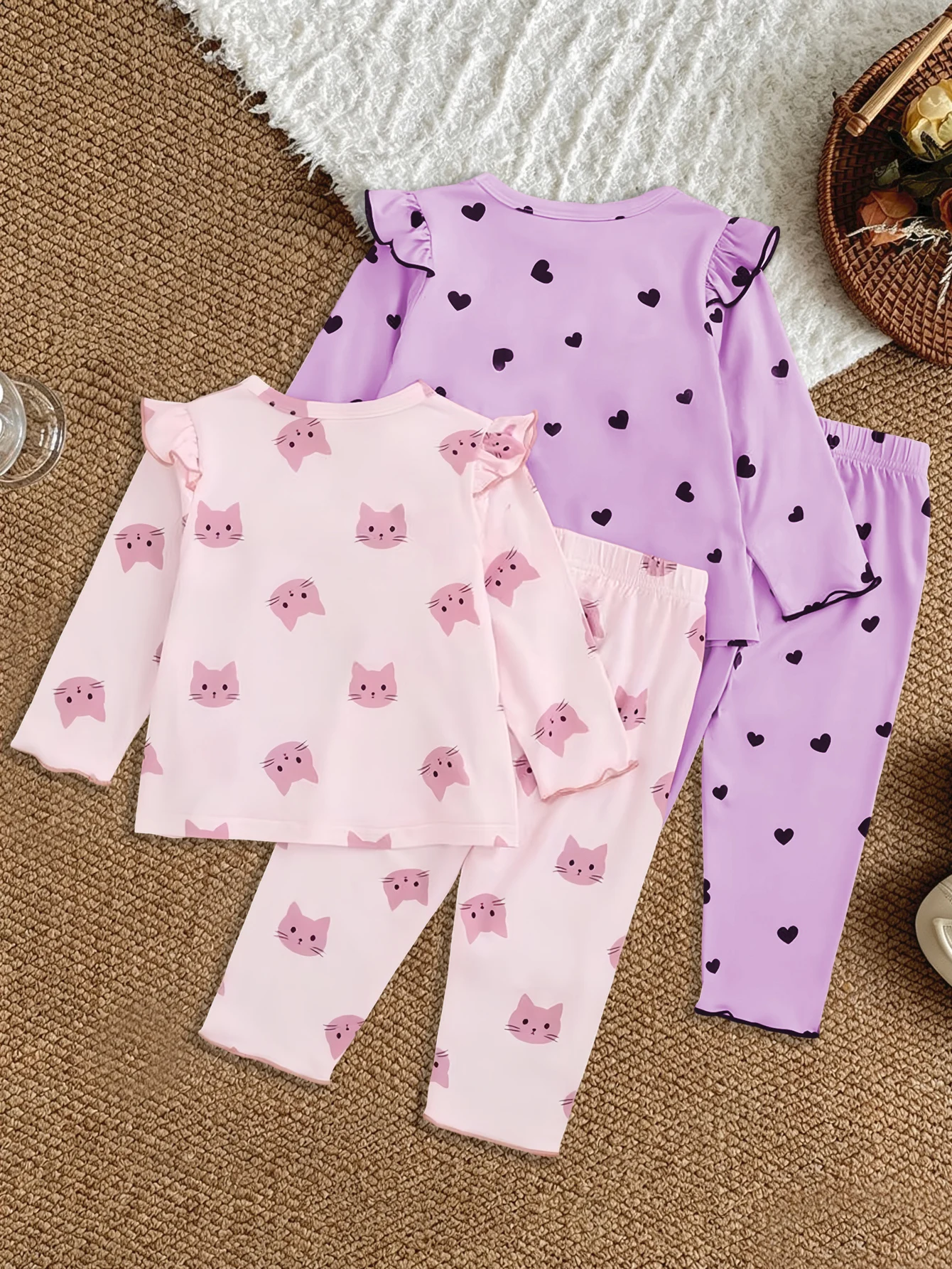 4-Piece Baby Girl Set, Cute Cat & Heart Print, Long Sleeve Ruffle Top & Pants, Soft Casual Home Wear, Spring & Fall