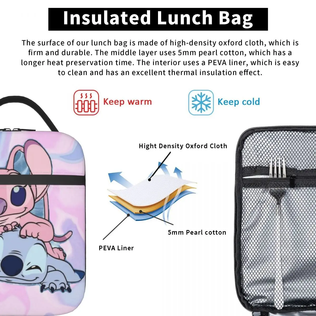 Stitch And Angel Insulated Lunch Bags borsa termica riutilizzabile a tenuta stagna Tote Lunch Box College Picnic Bento Pouch