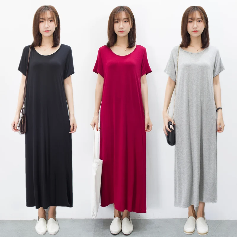 Women's Midi Dress round Neck Short Sleeve Modal A-Line Skirt Slimming Korean Style Commute Pure Color Loose Waist Summer