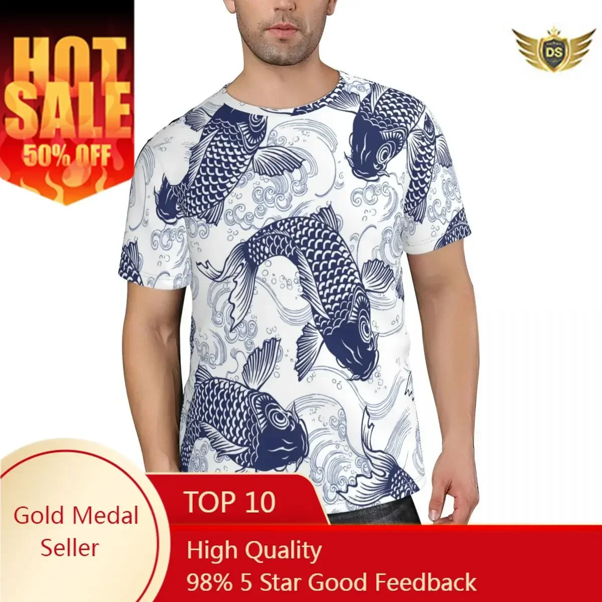 Men's T Shirt Short Sleeve Men T-Shirt O-Neck Blue Fish Carp Koi Wave Pattern Short Sleeve Man Tee Shirt Clothing