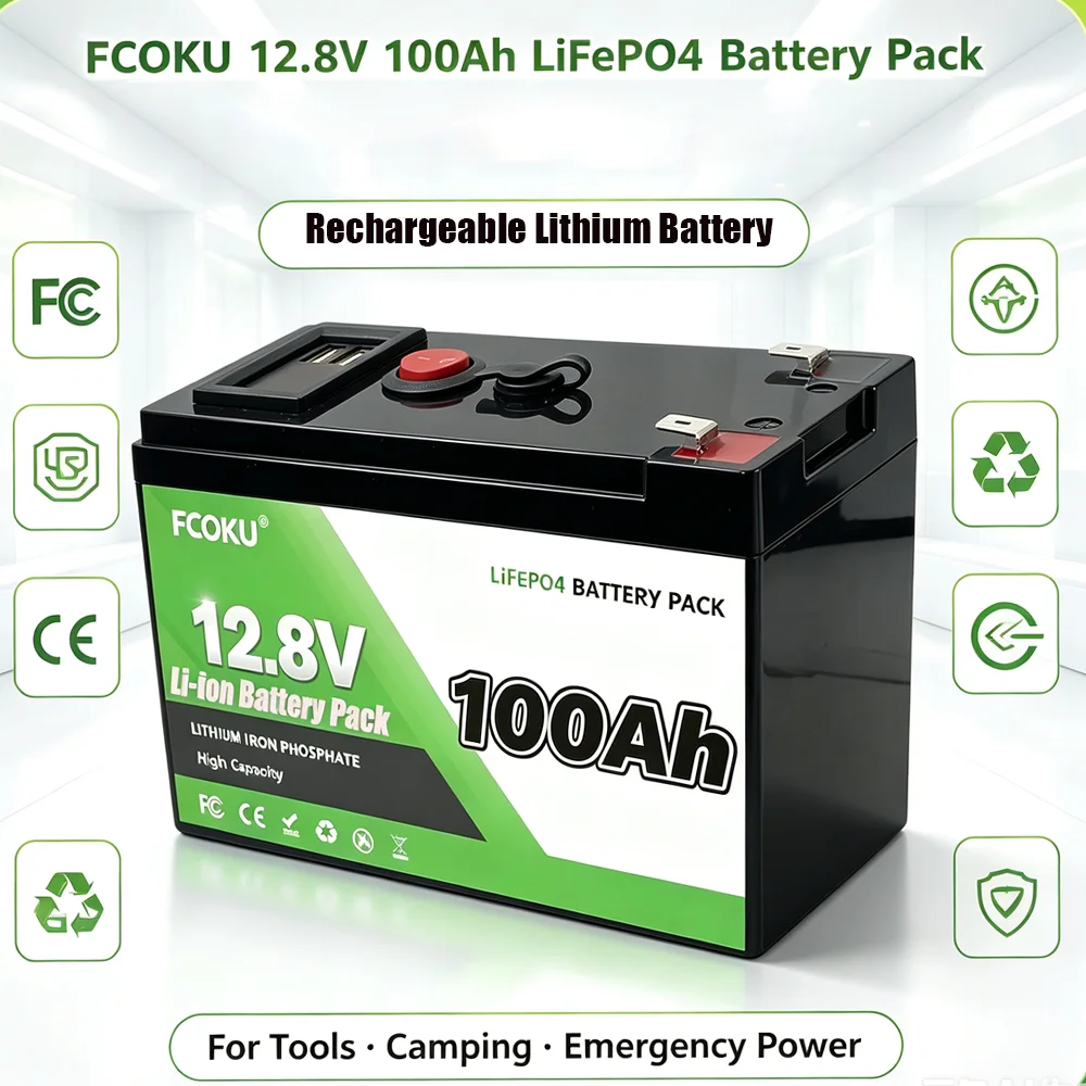 12V 100Ah Rechargeable LiFePO4 Lithium Battery Built-in 5V 2.1A USB Power Display Port 12.6V 3A Charger For Outdoor Power Supply