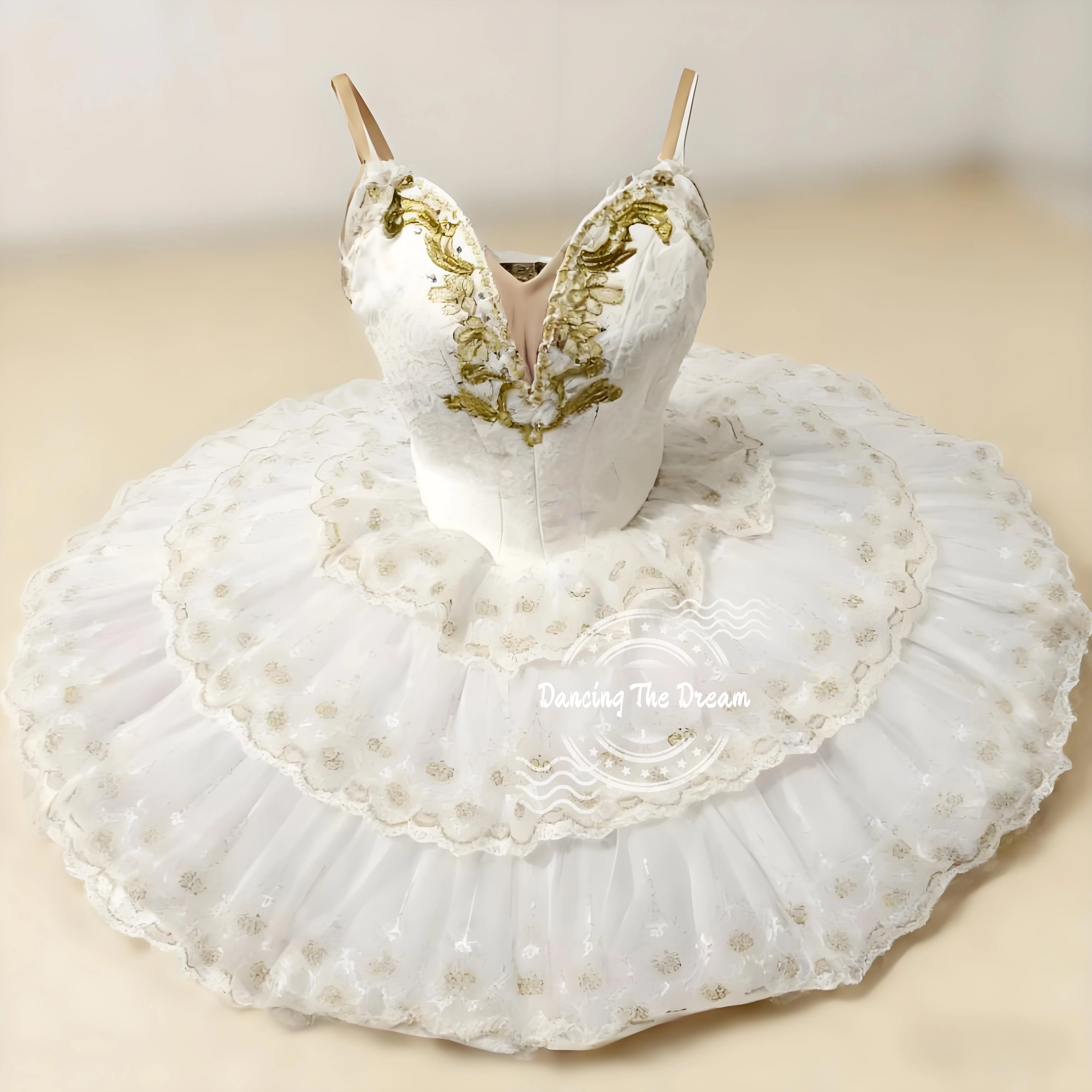 Fantasia de tutu de balé com bordado floral branco e dourado para meninas, roupa de dança elegante para performance e recital