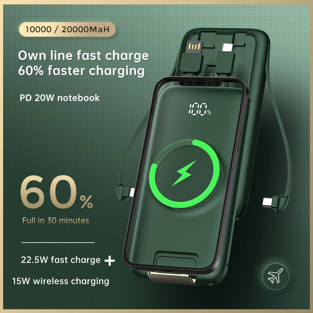 20000mAh super fast charge Power Bank For iPhone Samsung Xiaomi Huawei Wireless Charger Built-in Cables poverbank type-c android