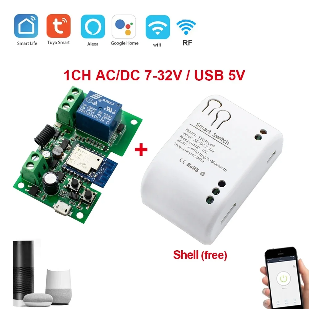 Умный переключатель Alexa Tuya Smart Home 1CH 10A Беспроводной переключатель Wi-Fi Релейный модуль Пульт дистанционного управления Выключатель света Alexa Google Home