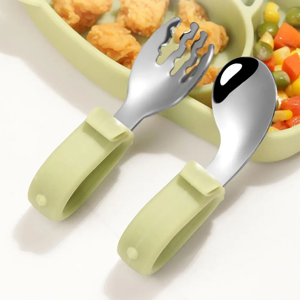 Self Feeding Baby Forks and Spoons Set Dishwasher Safe Cartoon Rabbit Shape Baby Dinnerware Silicone Handle Lightweight