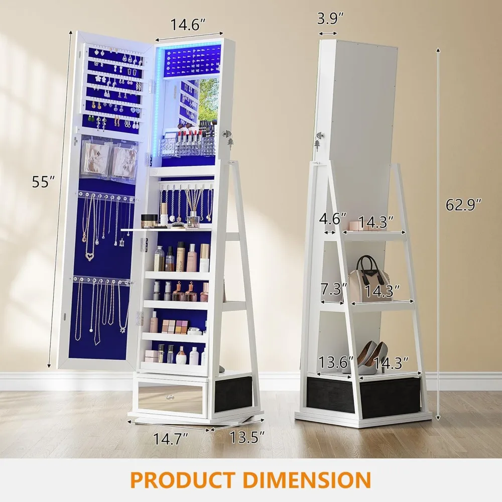 Swivel Jewelry Cabinet with LED Light - Rotatable Standing Full-Length Mirror with Storage and Drawer, Lockable Jewelry Armoire image 2