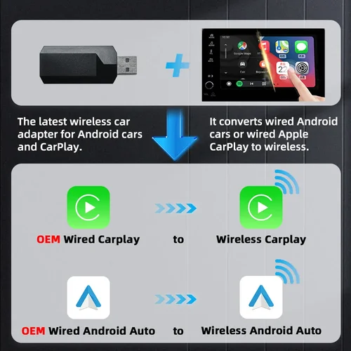 Imagen 2 del producto Caja 2 en 1 con cable a inalámbrico, adaptador automático CarPlay Android para estéreo de coche OEM, Plug and Play, enlace inteligente, conexión rápida Universal