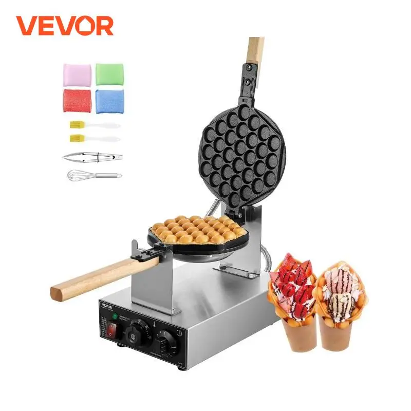 VEVOR Commercial Egg Bubble Waffle Maker 1400W Non-Stick Stainless Steel Bubble Puff w/180° Rotatable 2 Pans & Wooden Handles