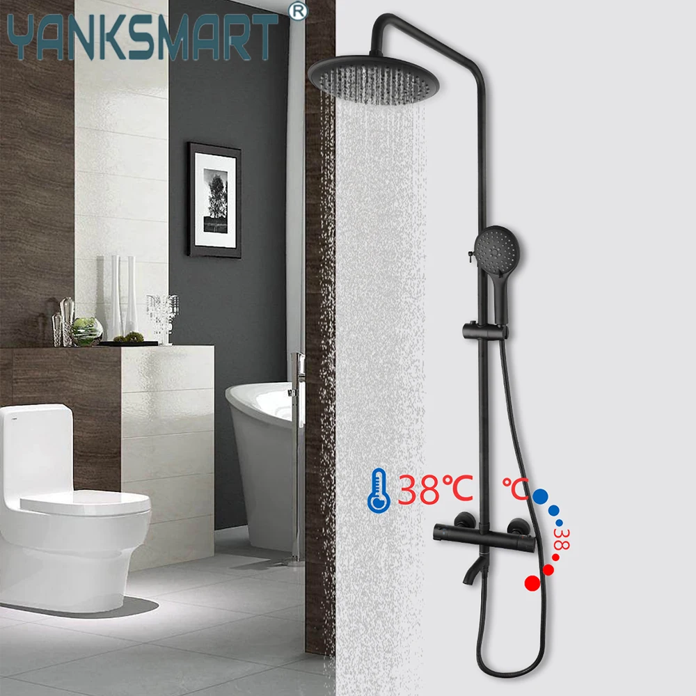 

YANKSMART Black Bathroom Shower Faucet Set 8" Rainfall Shower System Wall Mounted 38 Degree Thermostat Chuveiro Mixer Water Tap