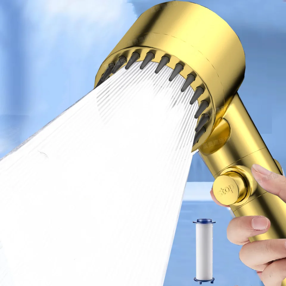 Upgraded Golden 4 Modes Pressure Boost Shower Head With Filter High Pressure Large Flow Spray Nozzle One-Key Stop Water Shower