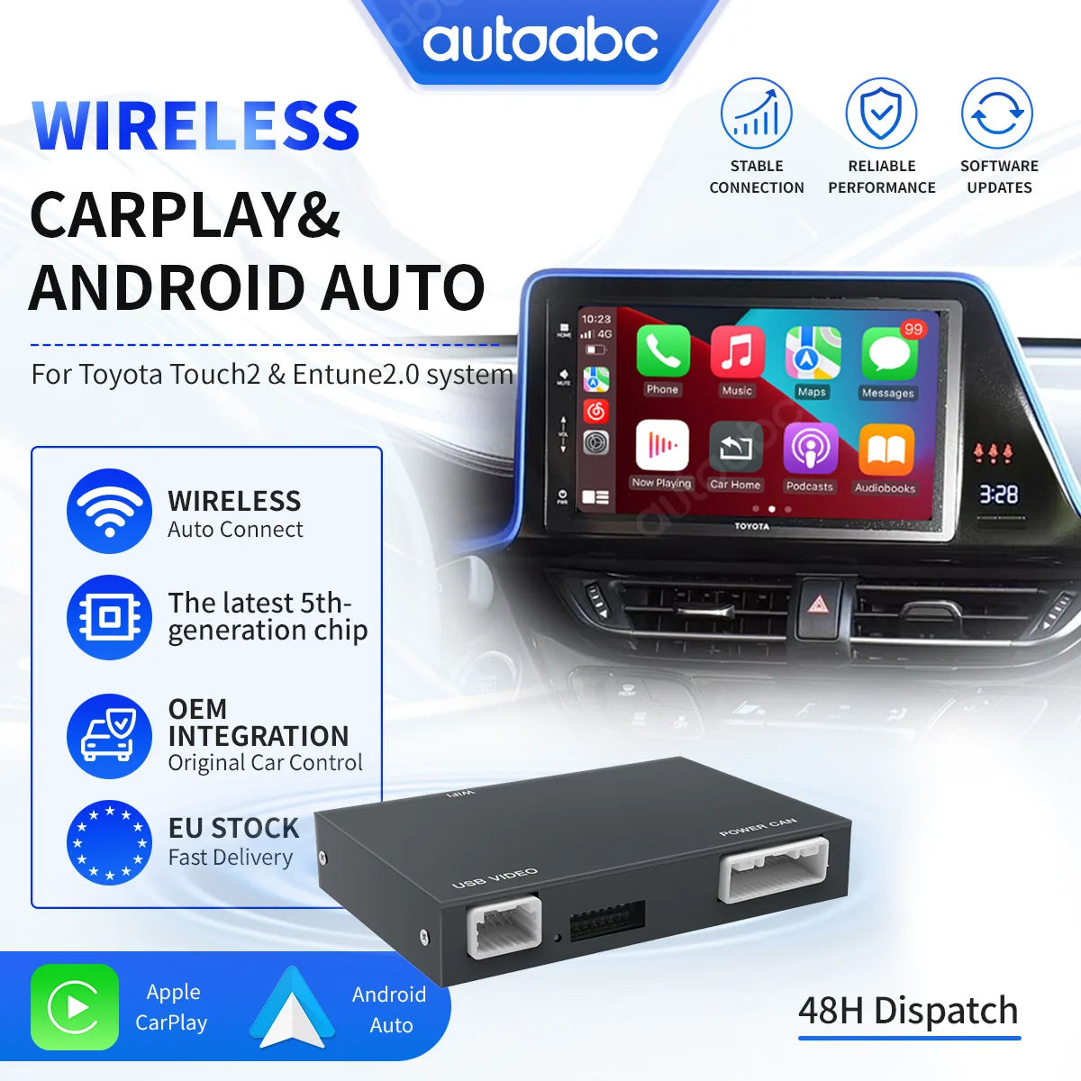 Boîtier d'interface CarPlay pour Toyota C-HR, RAV4, Highlander, Tundra, Sienna, Prius, Yaris, Camry – Module décodeur CarPlay/Android Auto sans fil avec AirPlay et navigation GPS