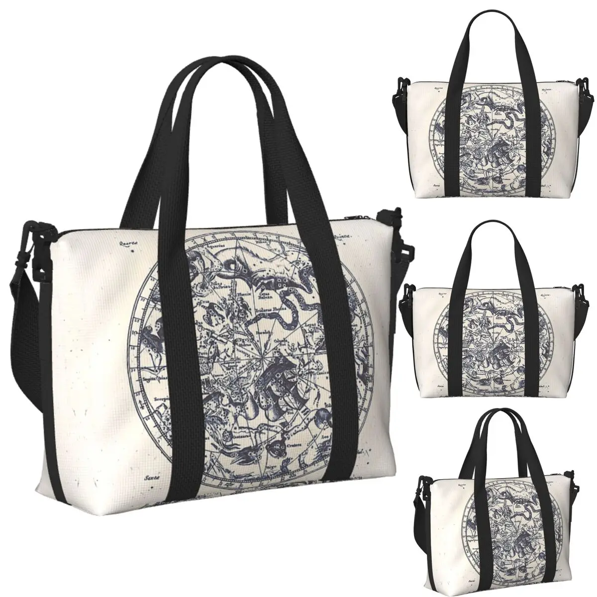 

Zodiac Star Sign Constellation Map Ink On Paper Beach Travel Bag Tote Bags for Gym Sport Women Shopping Duffle Shoulder Bag