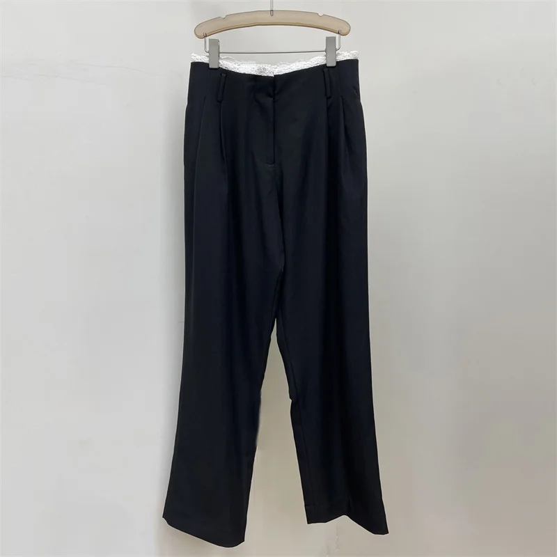 Women's pants Spring 2026 new low rise slim fit straight leg pants Crochet lace patchwork women's suit pants y2k casual trousers