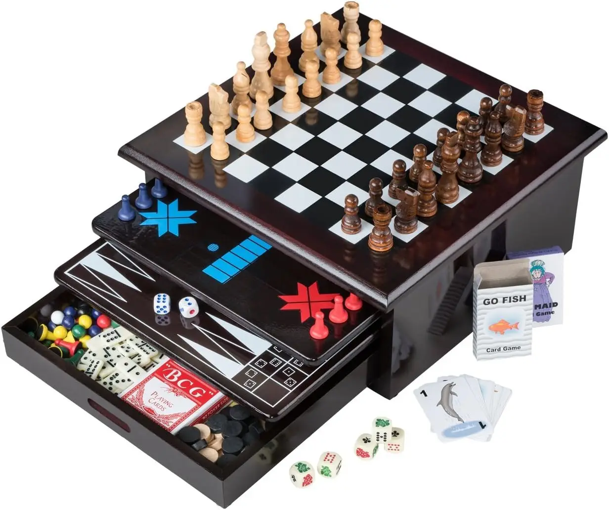 

15-in-1 Wooden Board Game Set with Storage Drawer - Chess, Checkers, Backgammon, and More