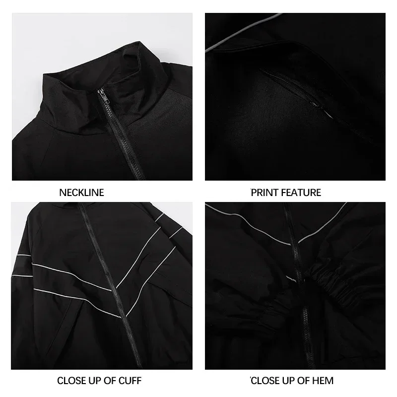 Reflective Striped Design Jacket Street Loose Sports Outerwear Casual Outwear Windbreaker Man Women Rib-sleeve Coats