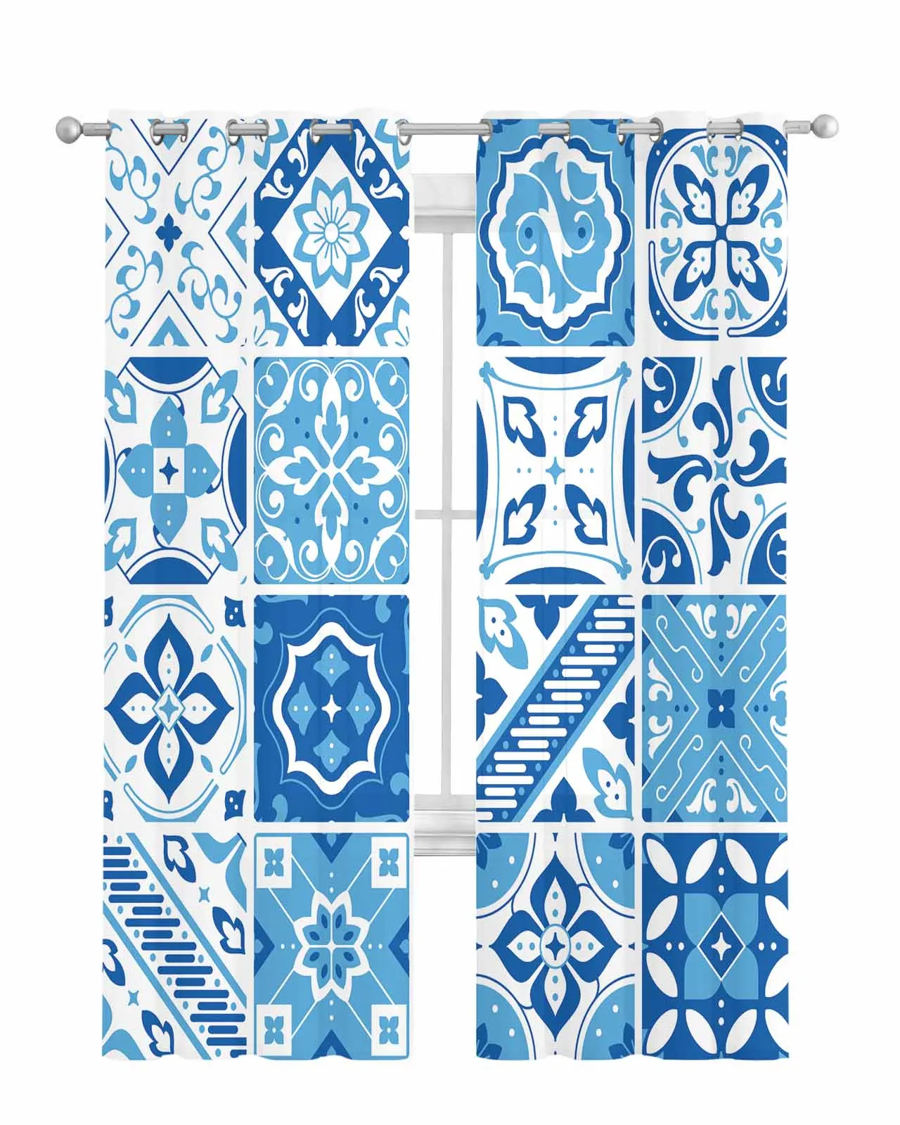 Ceramic Tile Pattern. Mediterranean Floral Decorative Patterns. Square Flower Blue Mosaic Curtains for Kitchen Room Curtain Home