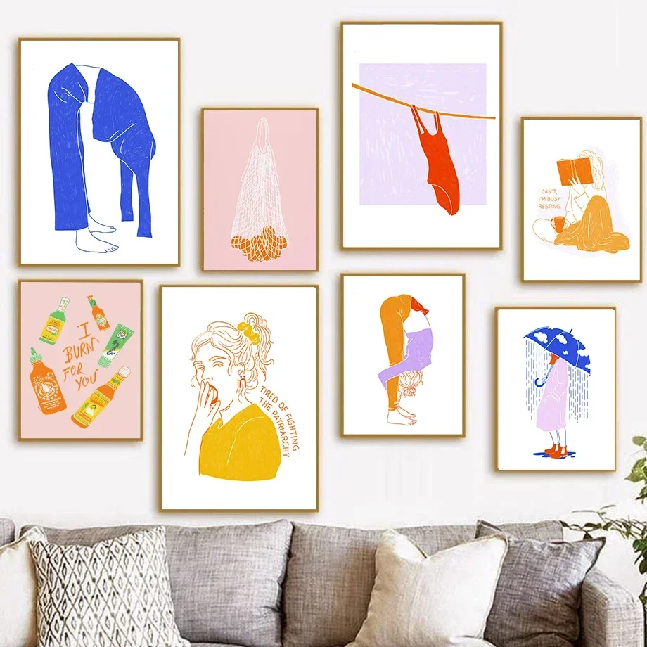 Orange Lazy Girl Fruit Net Book Girl Blue Umbrella Reductive Abstraction Fashion Wall Art Canvas Painting Nordic Poster Decor