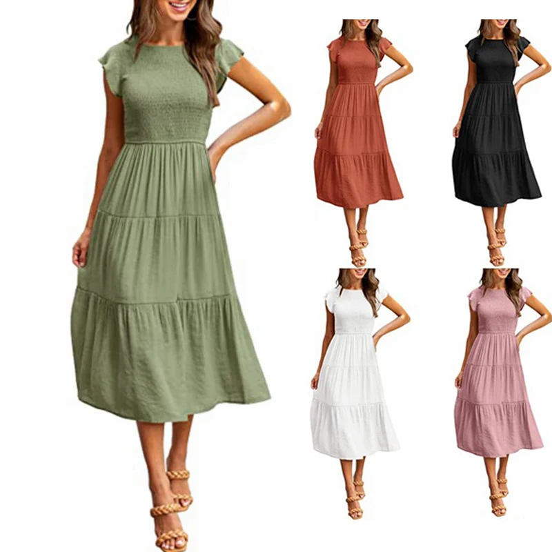 

Summer Dress For Women Flying Short Sleeve Casual Dresses Large Swing Skirt Solid Color Pleated Dress