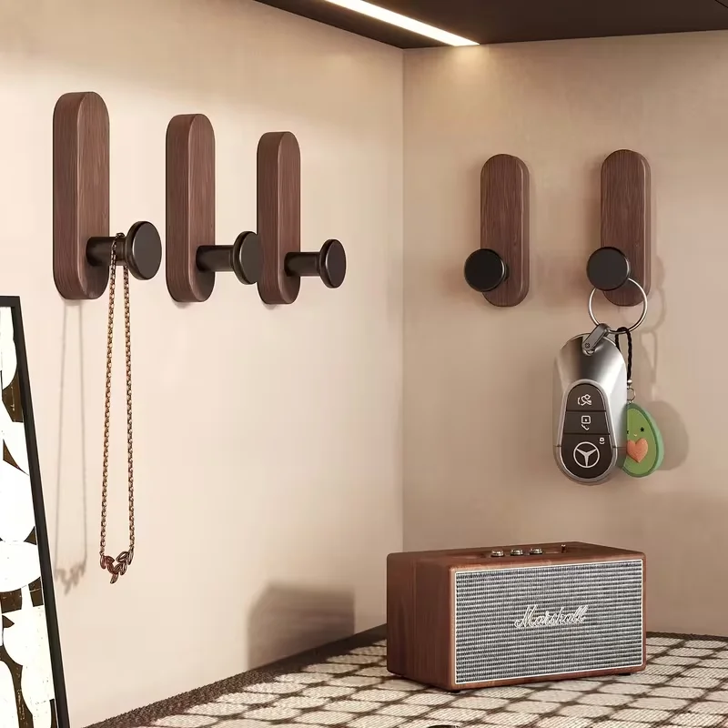 Walnut Wood Mounted Self Adhesive Wall Hooks for Hanging Coat Towel Clothes Blanket Hat Backpack Coat Keychain Entrance