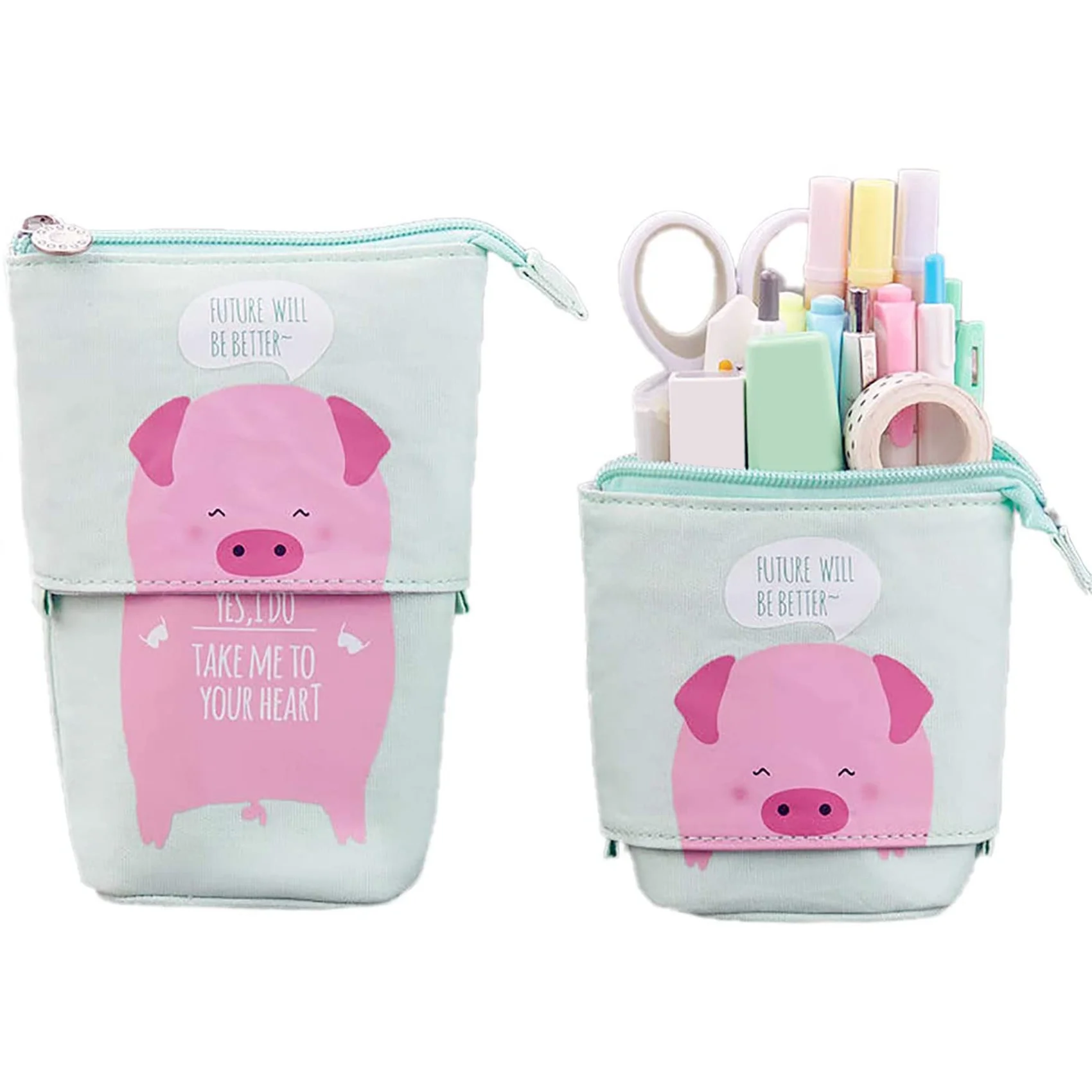 Stand Up Pencil Holder Pencil Case Pen Bag Cute Cartoon Stationery Organizer Cosmetics Pouch for Students(Pink)