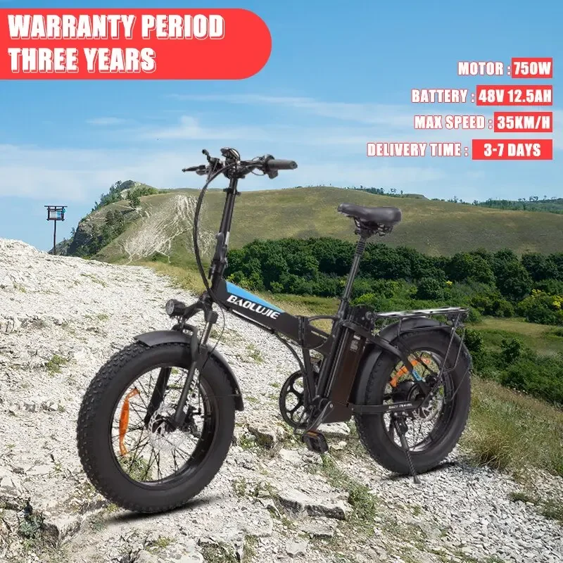 

Electric Bicycle Adult Mountain Bike 20 Inch Fat Tire E Bike 750W Motor 48V12.5Ah Lithium Battery 7-speed Folding Electric Bike