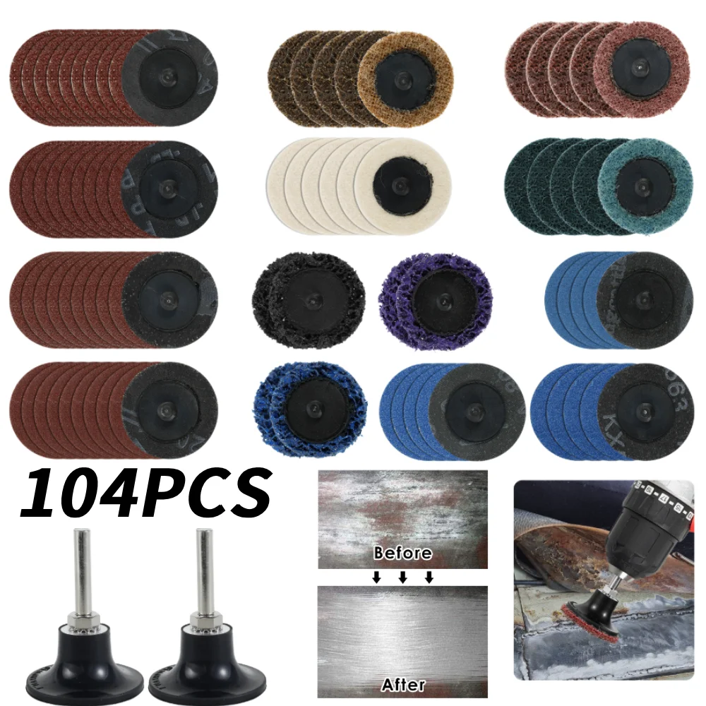 

Набор шлифовальных дисков, 104 шт., 2-дюймовый быстросменный диск с держателем 1/4 дюйма для шлифования поверхности, полировки заусенцев, удаления ржавчины и краски