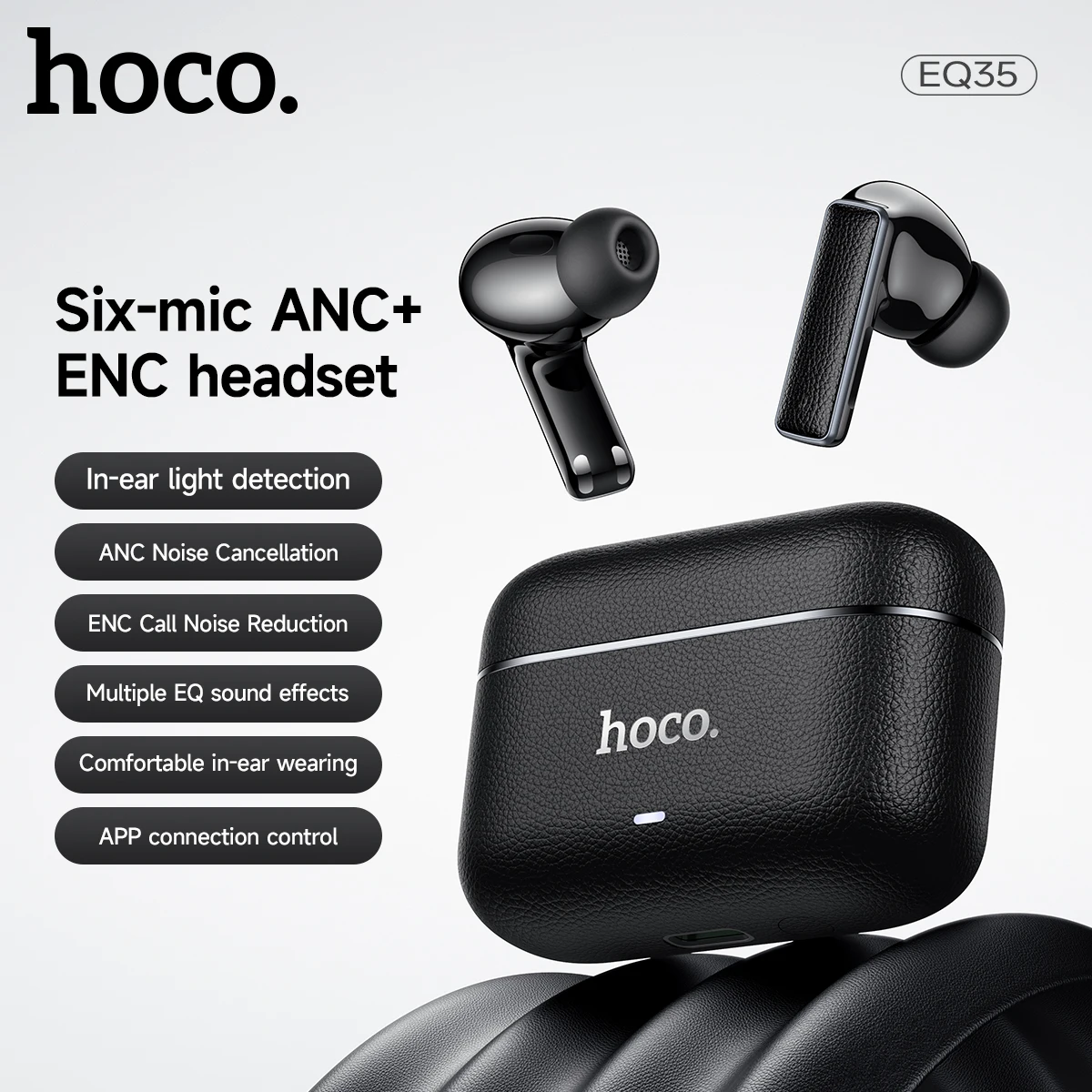 Беспроводные наушники Hoco EQ35 Rhyme True Wireless с Bluetooth 5.4, ANC, ENC, адаптивной шумоподавляцией в реальном времени, 6 микрофонами и звуком высокого разрешения.