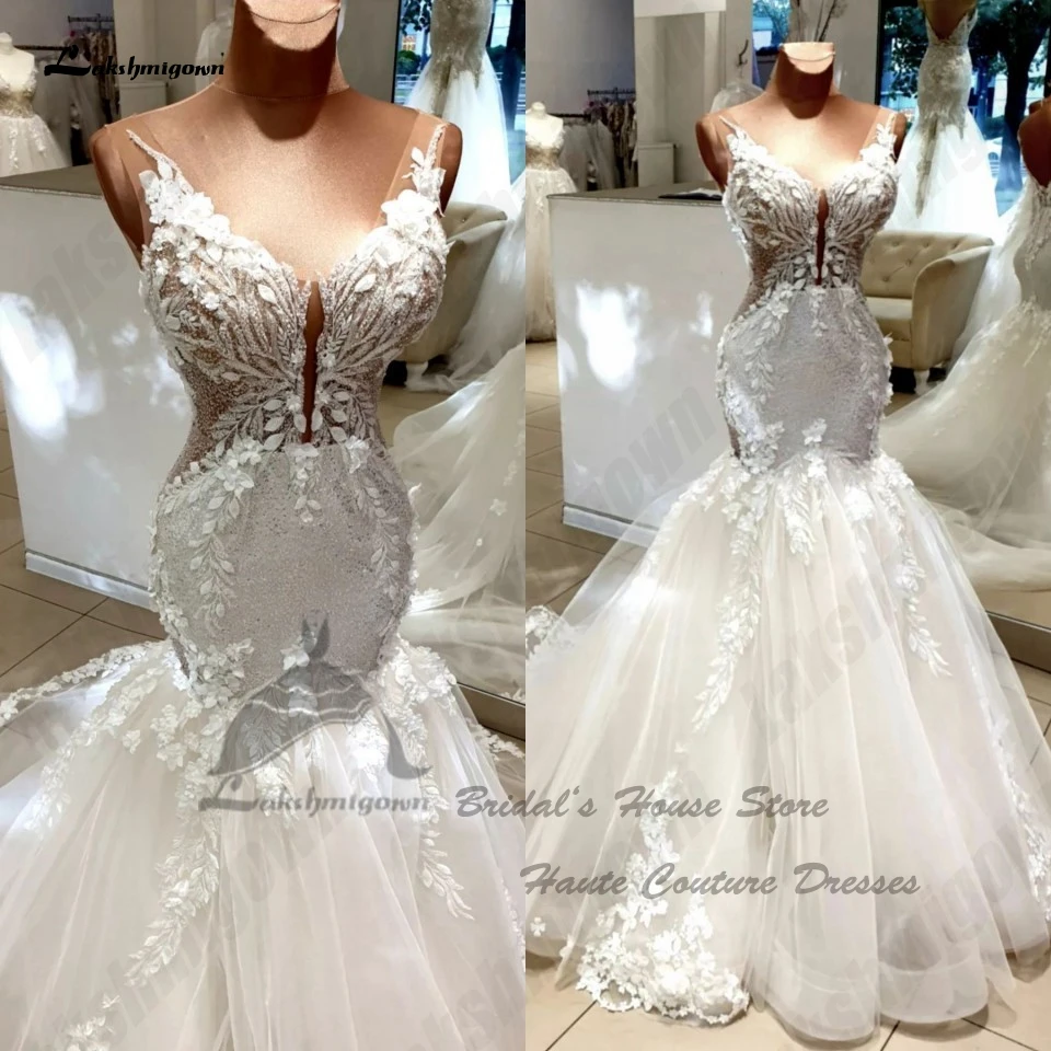 

Lakshmigown Luxury Mermaid Wedding Gowns 2024 Floral Lace Crystal Light Champagne Church Bridal Dresses Plunging Open Back