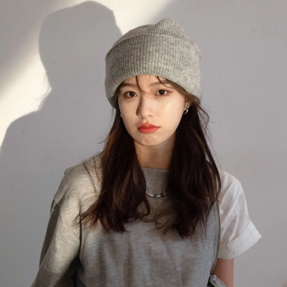 Korea Style Knit Beanie Hat Winter Warm Solid Color Casual Soft Elastic Cap Trendy Female Fashion Retro Bonnet