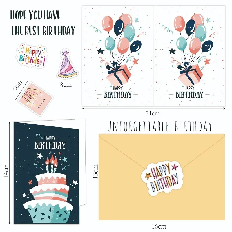 50pcs/set Happy Birthday Card Assorted Greeting Card With Envelopes And Stickers Folded Gift Card For Kids Adults Party Supplies