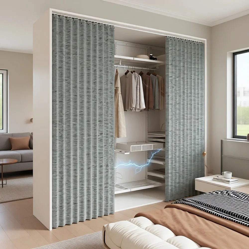 Pleated Closet Curtain with Magnets, Faux Linen Door Cover, Self Adhesive Track, Accordion Privacy Curtain