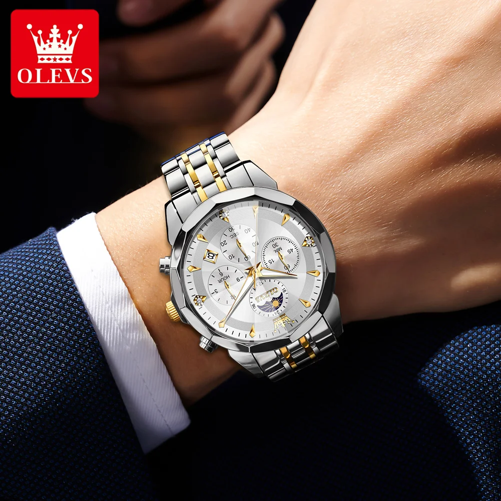 ساعات OLEVS Moon Phase للرجال بمرآة بريزم مقاومة للماء كوارتز ساعة مضيئة من الفولاذ المقاوم للصدأ بتقويم للرجال كرونوغراف
