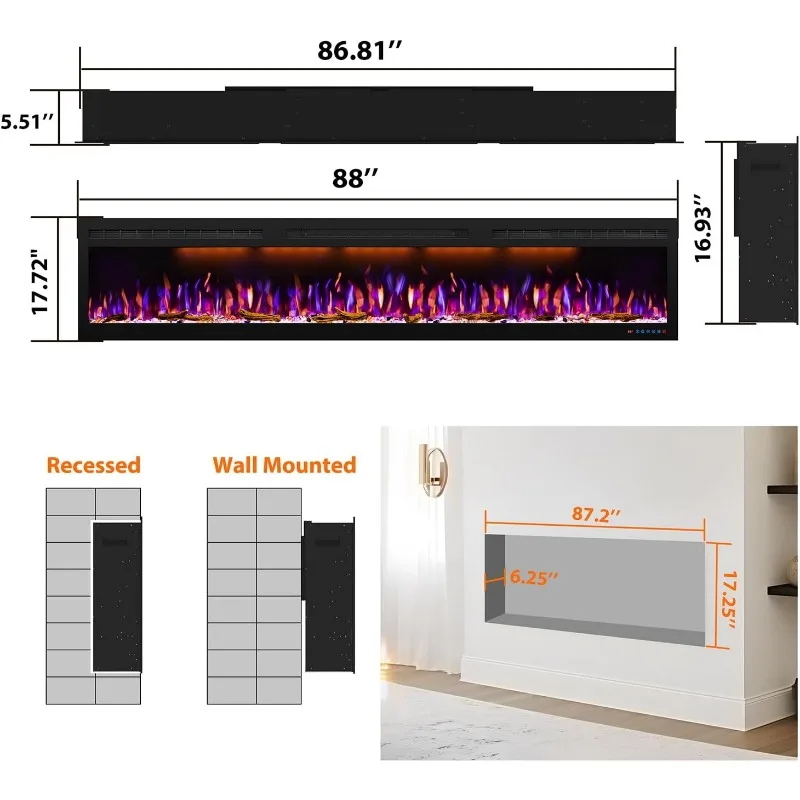 Camino elettrico da 88 pollici con inserto per montaggio a parete Camino sottile con riscaldatore da 750/1500 W Fiamma realistica regolabile e telecomando