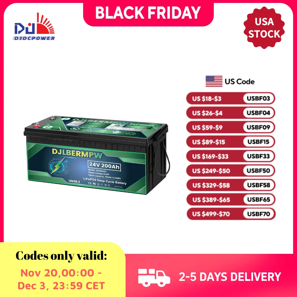 

DJDC 24V 200Ah LiFePO4 Battery 15000 Deep Cycle Battery 24V Built-in 200A BMS 5120W Li Iron Phosphate Batteries for Solar Home