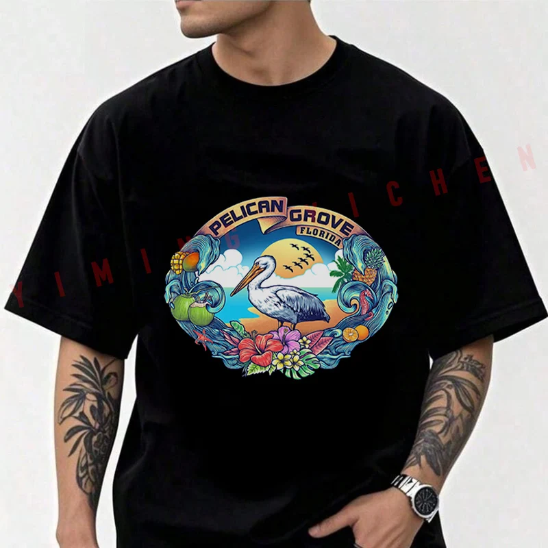 Camiseta masculina com estampa gráfica Pelican Grove, camiseta de algodão engraçada de alta qualidade, casual, manga curta, hip hop