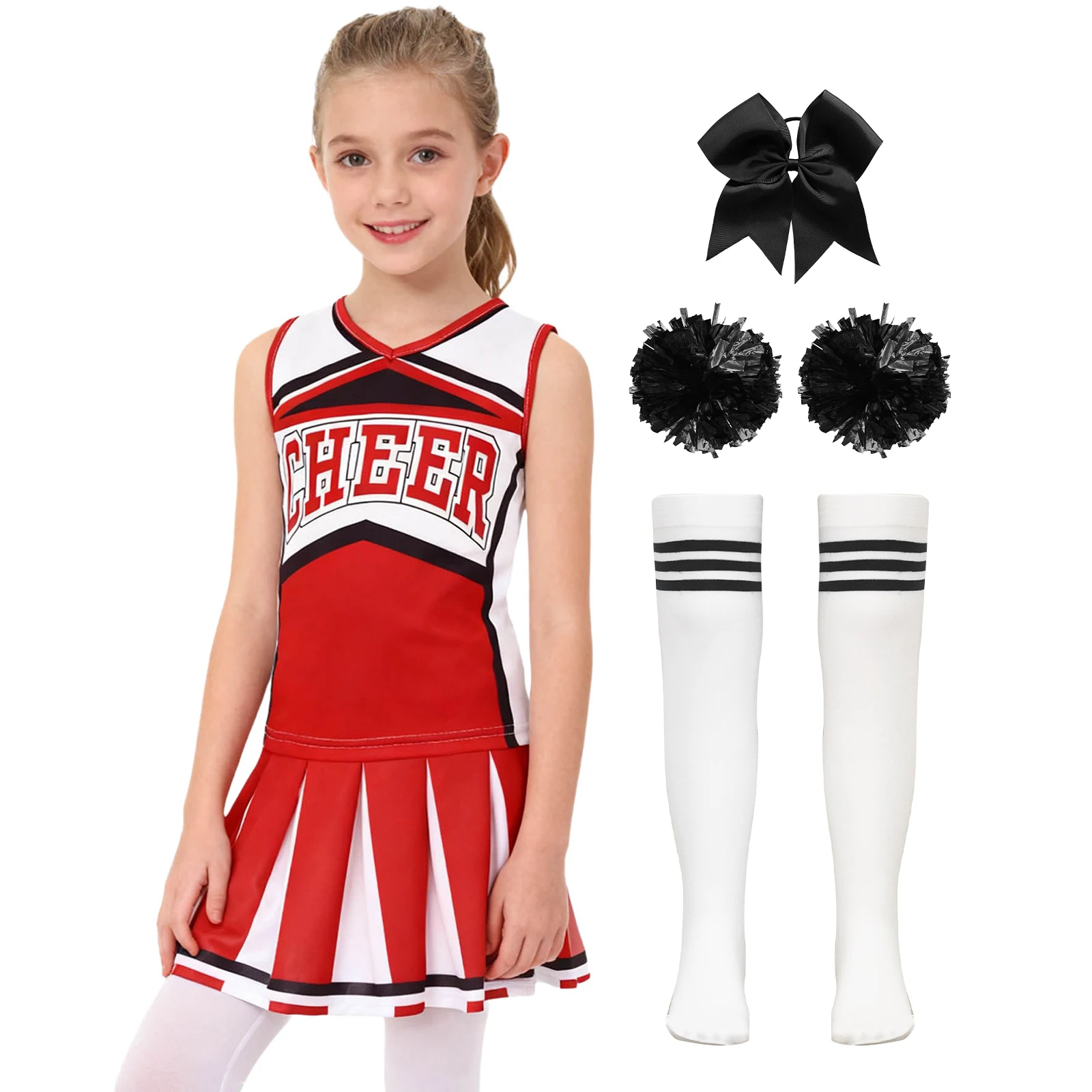 5 قطع يهتف زعيم الرقص أداء الزي إلكتروني طباعة أعلى مع تنورة Bowknot العلاقات الشعر شرابة اليد الزهور والجوارب مجموعات