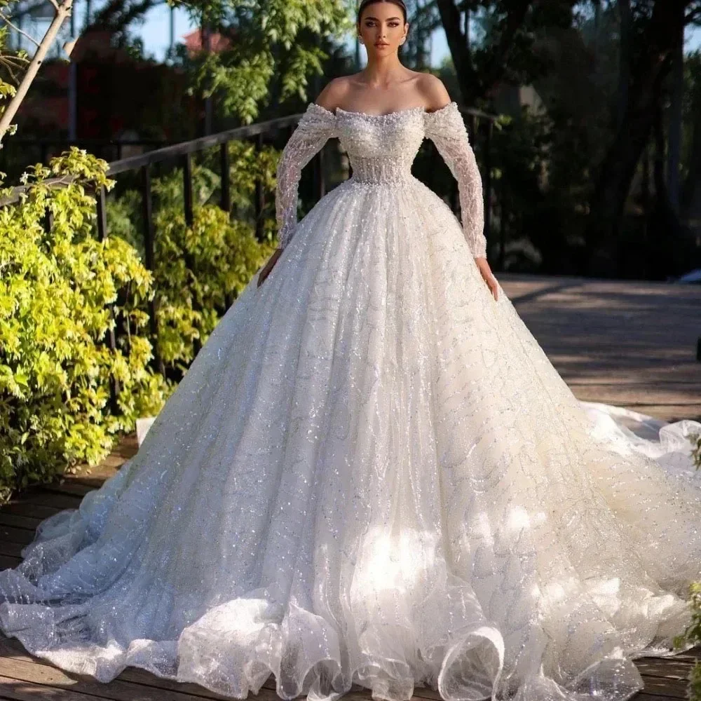 

Flavinke Customized Luxurious Sequins pearls Bridal Gowns Boat Neck Long Sleeve Wedding Dresses Princess Bride vestidos de novia
