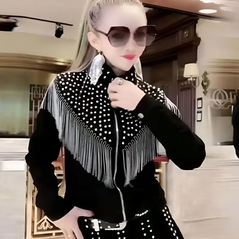 

Женские костюмы для выступлений с куртками, блестящие на сцене, новое весенне-осеннее пальто с кисточками и шипами