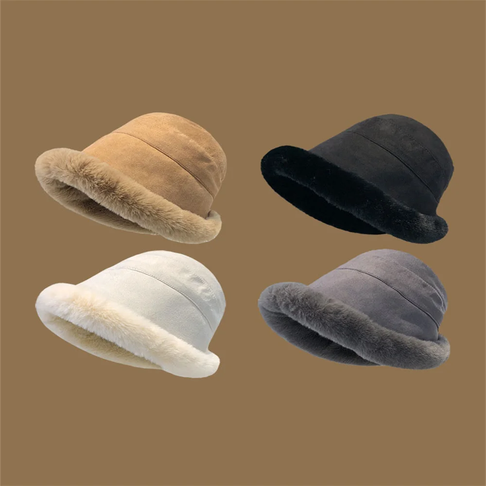 Fluffy Bucket Hat Women Winter Warm Thicken Cold Protection Fisherman Cap High Quality Plush Thieken Fashion Ladies Panama Hat