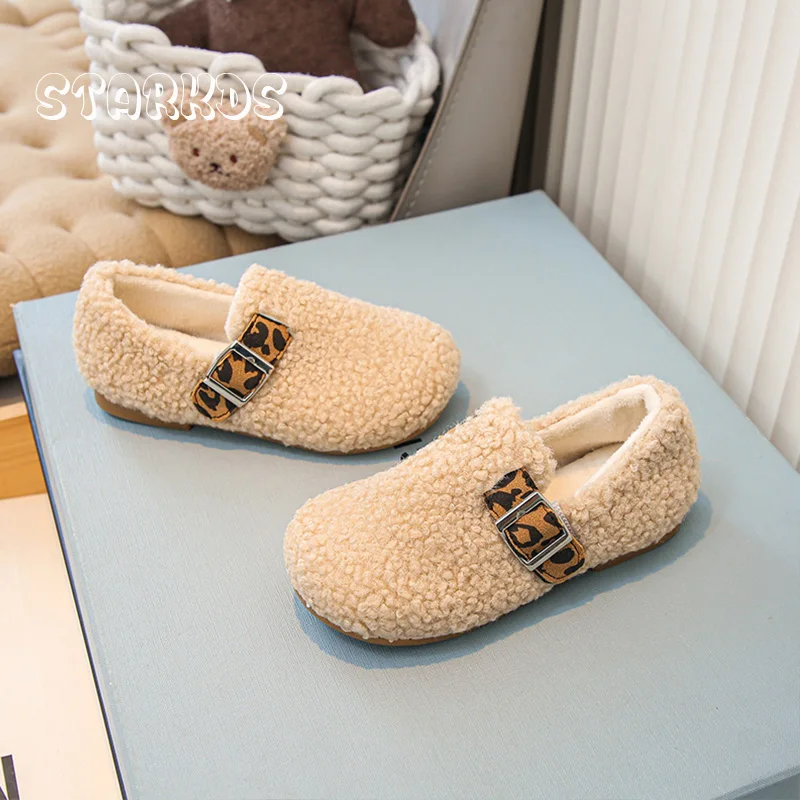 Cosy Teddy Fur Loafers Kid Boy Girl Winter Warm Lambswool Flat Shoe Baby Child Thick Fleece Plush  Birken Shoe With Leopard Belt