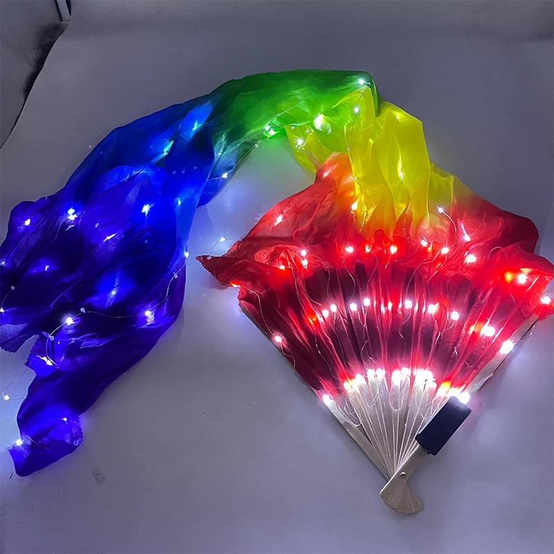 LED Belly Dance Fan Light Up Accessories Luminous Long Silk Fans Adult Women Stage Performance Supplies Festival Show Props 2024