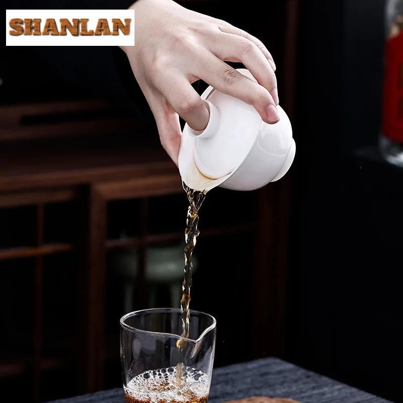 190ml Mutton Fat Jade Three Talents Gaiwan Zen Ceramic Anti-scald Cover Bowl Elegant Tea Tureen Tea Maker Chinese Teaware Craft view 5