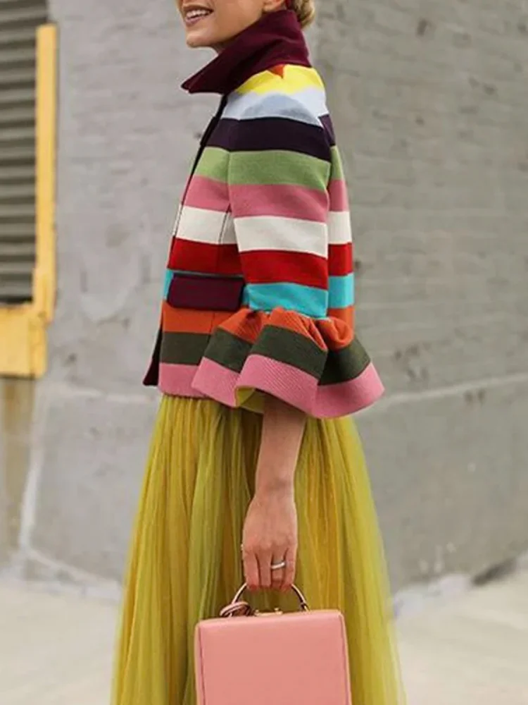 Lemongor Female Vintage Multi-Colored Striped Lapel Elegant Jackets 2024 New Flared Sleeves Party Evening Banquet Outerwears